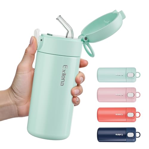 Exllena 10oz Small Insulated Water Bottle with One-Touch Soft Straw Lid, Double-Wall Vacuum Small Travel Water Bottle for Cold&Hot Drinks–Leak-Proof, Mini Flask for Handbag, Yoga, Sport(Mint)