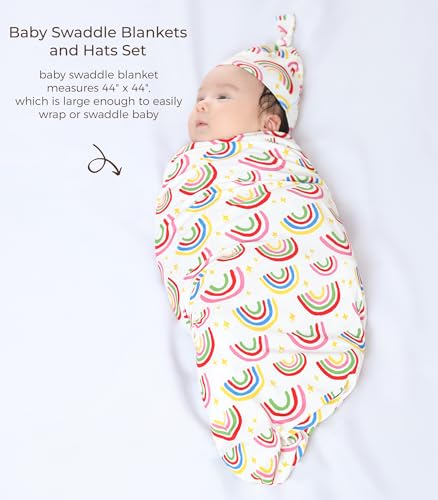 Image of Newborn Swaddle Blanket with Hat Set,Unisex Baby Receiving Blanket Nursery Wrap for Girls and Boys, Viscose Made from Bamboo Rainbow One Size