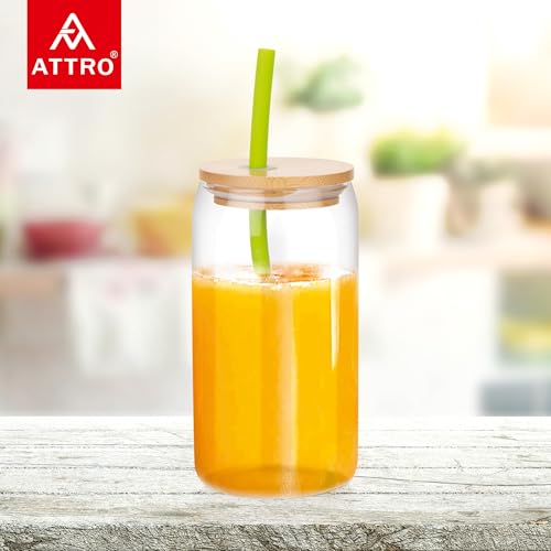 Image of ATTRO 400ml Drinking Glass with Wooden Lid & Silicone Straw Travel Sipper Tumbler- Ideal for Juices, Smoothies &Cocktails - Durable, Leak Proof Glass for On the Go