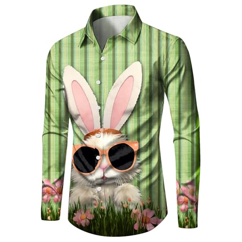 YOSUWOAI Camisa de Pascua para hombre, divertida, de Pascua, manga larga, ajustada, elegante, camisas formales, conejito de Pascua, patrón de huevo de Pascua, camisas informales, impresión 3D, camisas