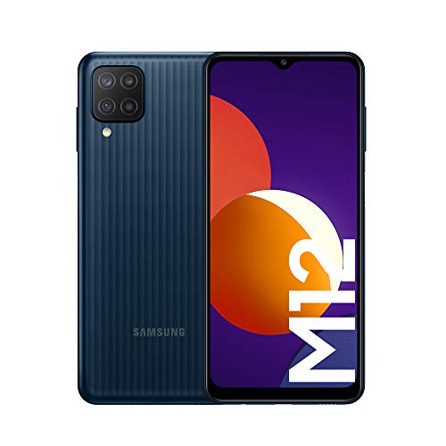 Samsung Galaxy M12 スマートフォン、6.5 インチ Infinity-V TFT LCD スクリーン、4 GB の RAM および 128 GB の拡張可能な内部メモリ、5000 mAh バッテリーおよび高速充電ブラック (ES バージョン)