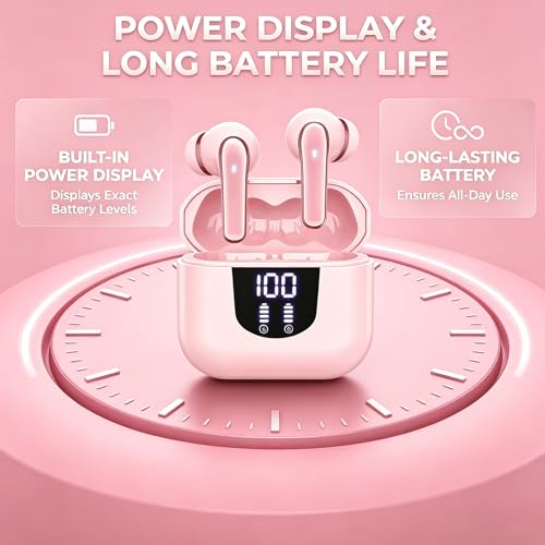 Image of Nyxo K06 Wireless Warbuds Woise Cancellation with LED Power Display, Type-C Fast Charging, 50ms Low Latency, Lightweight BT V5.4, 3D Spatial Audio, 10mm Rich Bass DriversClear Calls (Pink)
