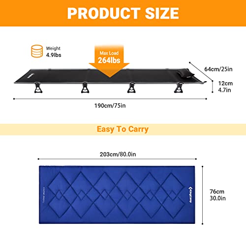 Kingcamp Heavy Duty Camping Folding Cot With Sleeping Pad Lightweight Portable Sleeping Bed With Pocket For Adults Backpacking Oxford Travel Cots For Indoor Office, Outdoor, Beach, Black #TOP1