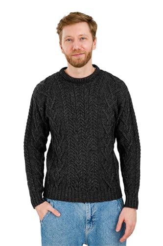 SAOL 100% Merino Wool Men's Irish Traditional Aran Crew Neck Cable Knit Sweater Pullover (Charcoal, XXXLarge)