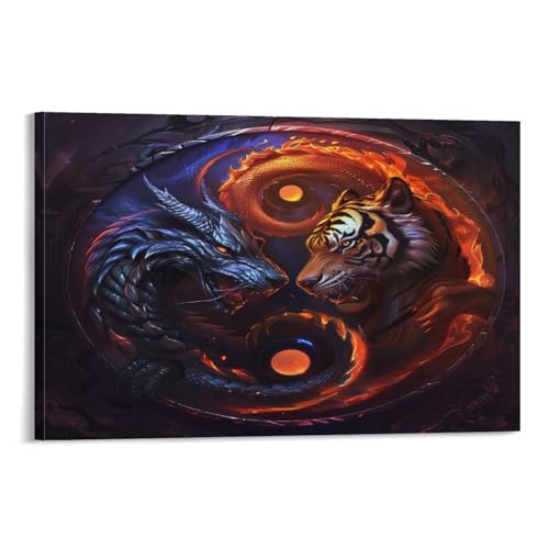 Toile murale dragon et tigre POLIUAWS pour habiller un mur vide de salon