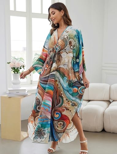 Image of KECVOT Kaftan Dresses for Women Plus Size Batwing Sleeve Caftans Long Bathing Suit Cover Up Maxi Beach Dress Loungewear