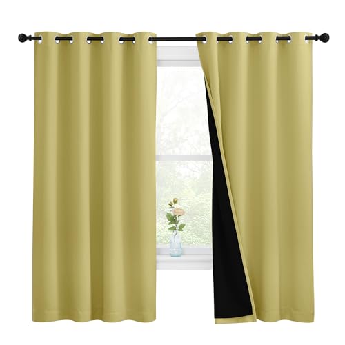 Image of NICETOWN 100% Blackout Curtains with Black Liners, Thermal Insulated Full Blackout 2-Layer Lined Drapes, Energy Efficiency Window Draperies for Bedroom (Paler Yellow, 2 Panels, 55-inch W by 68-inch L)