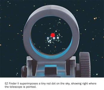 View through the Orion EZ Finder II showing a red dot superimposed on a starry sky