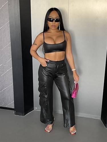 CALEBGAR Women's Faux Leather Pants Stretchy High Waisted Straight Wide Leg Baggy Cargo Pants Trousers with Pockets3