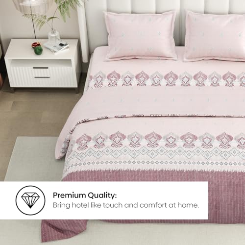 Image of Rivermoor 144 TC Cotton Bedsheet for Double Bed | Queen Size Bed Sheet with 2 Pillow Covers | Pink Ethnic Floral Pattern | 98 x 100 Inches