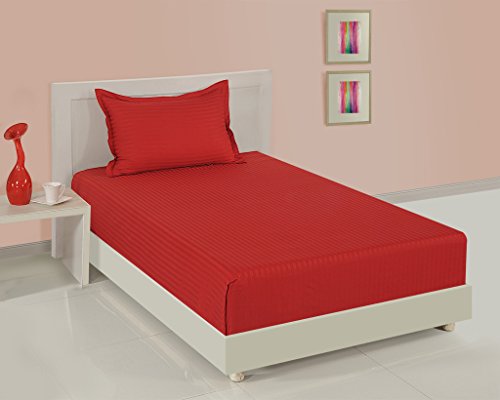 Image of Swayam 100% Cotton Single Bedsheet with 1 Pillow Covers | 300 TC Soft Breathable Bed Sheet | Striped Printed | Size 60 x 90 inch | Comfortable & Durable for Bedroom - Red