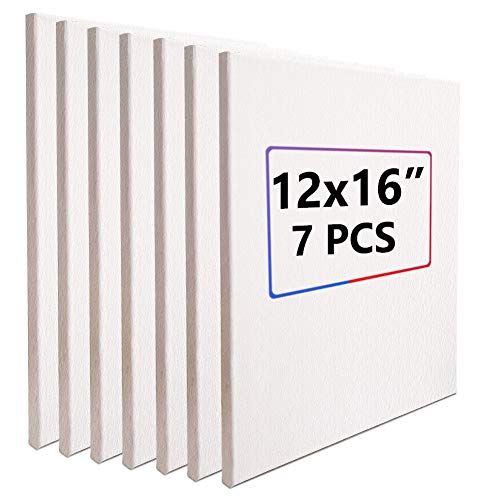 Stretched Painting Canvas Boards 12x16 Inch, Blank Art Canvases for Oil & Acrylic Painting, 100% Cotton, Value Pack of 7