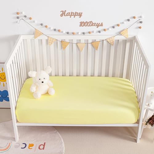 Image of NTBAY 2 Pack Muslin Cotton Mini Crib Sheets, Soft and Breathable Double Layer 24x38 Baby Crib Sheets for Mini Crib and Toddler Mattresses, Boys, Girls, Unisex, Light Yellow, 24x38 Inches