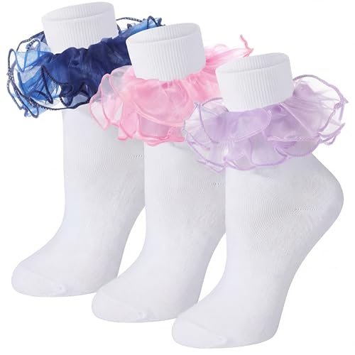 Image of Geyoga 3 Pairs Women Big Ruffle Socks Turn Cuff, Double Lace Ankle Cotton Frilly Socks for Ladies Summer
