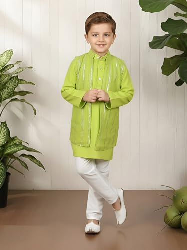 Image of POLKA TOTS Boys Cotton Ethnic Kurta Pajama Set with Attached Koti | Ethnic Motif Wear Kids Kurta Pyjama for Boys & Toddlers | Traditional Dress for Weddings & Festivals | Festive Jubba Set for Babies