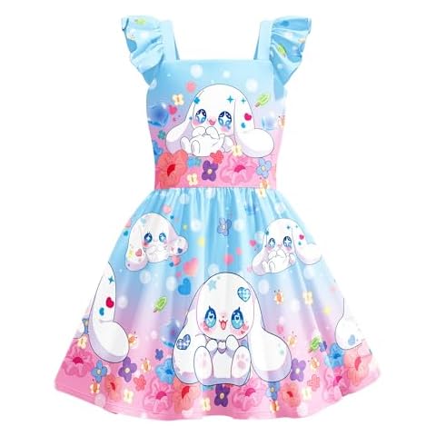 DJYLBV Little Girls Princess Gown Dress Cartoon Printed Casual Wear Birthday for 4-12Y Kids Bluewhite Cover