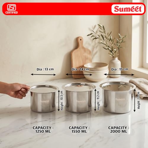 Image of Sumeet ISI Certified Stainless Steel Ganj /Milk Boiler /Tope /Cookware Set of 3 Pcs with Lid, Gas and Induction Friendly, 1250ml, 1550ml, 2000ml, Silver