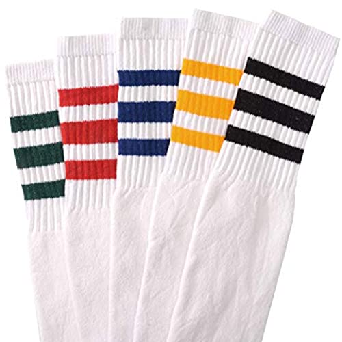 5 Pair Assorted Color Knee High Tube Socks Stripe Classic 24" Soccer Sport 10-15 Over the Calf Tube Socks Classic Triple Stripes Cotton Retro Athletic Socks for Men and Women3