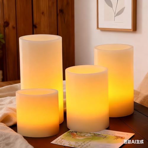 Image of CANDLE CHOICE Battery Operated Flameless Candles with Timer Real Wax Realistic Flickering Electric LED Pillars Decorative Lights for Home Wedding Halloween Thanksgiving Christmas Decorations 4 Pack