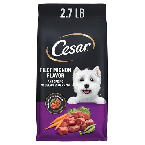 Image of Cesar Small Breed Dry Dog Food, Filet Mignon & Spring Vegetable, 2.7 lb | Made in USA, Real beef #1 ingredient, 26 essential nutrients, supports small breed health, no artificial flavors