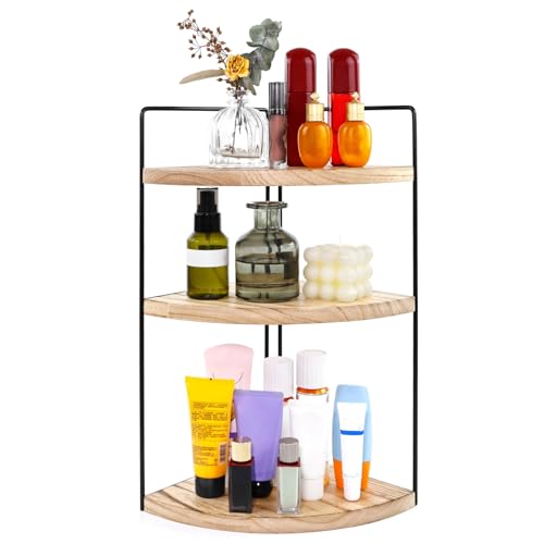 Organizador de esquina para encimera de baño, color marrón, estante esquinero de 3 niveles, bandeja de tocador de madera, fácil montaje, estante de ahorro