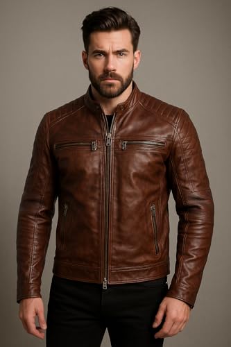 Image of Black Leather Jacket Men - Black Real Lambskin Mens Motorcycle Jacket