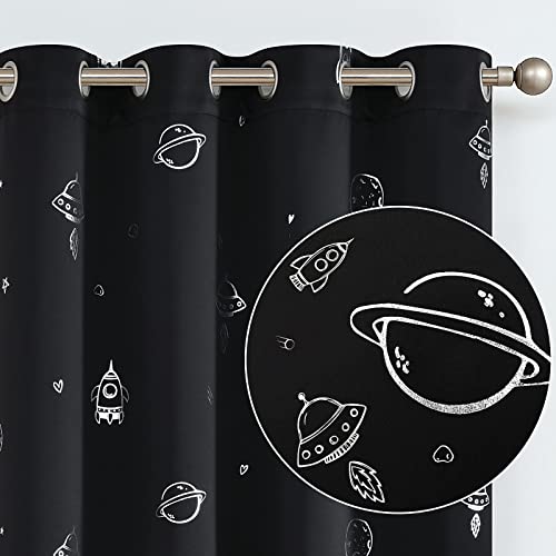 Vangao Black Blackout Kids Curtains for Boys Space Theme 84 Inches 2 Panels
