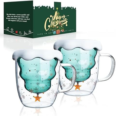 LIBWYS 2 Pack Christmas Mugs, Double Walled Borosilicate Christmas mug set with Snowflake Lid, Cute Mugs for Hot Cocoa and Coffee, 300ml Christmas tree mugs Christmas Gift for Family, Friend Cover
