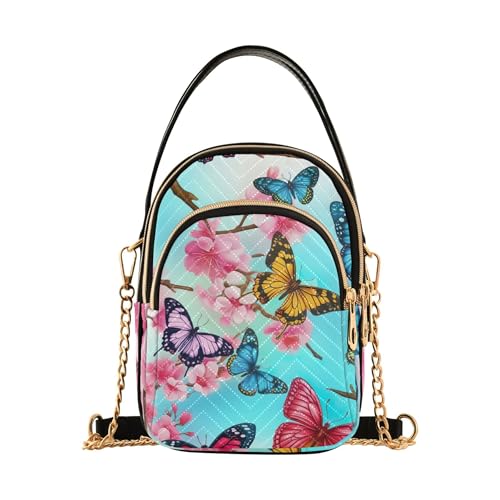 over Shoulder Handbags Lady Colorful Butterflies Cherry Floral Quilted Chain Strap Phone Wallet Handbag Cute Zipper Designer Bowler Tote, 5.9