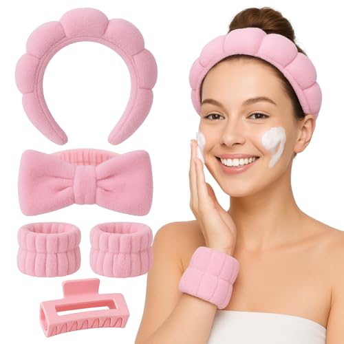 [PACK DE 5] Set De Skincare Para Mujer Diadema De Maquillaje Cinta Con Moño Muñequeras Absorbentes Y Pinza Para Cabello Accesorios Faciales Spa En Casa Ideal Para Desmaquillar Rostro Y Rutina Facial
