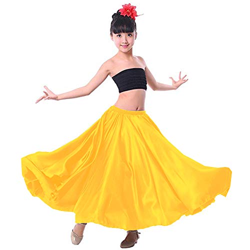 Backgarden Girl Children Color Stretched Waist Performance Circle Skirt Belly Dance Dress (L, Yellow)