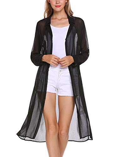 zeagoo Women's Long Sleeve Beach Cover Up Long Sheer Cardigan Chiffon Blouse Top,X-Large,Black
