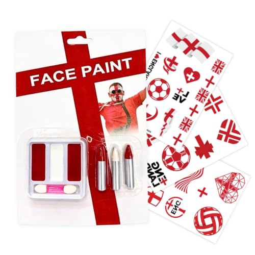 England Face Paint & Makeup Kit with Temporary Soccer Tattoo Stickers for World Cup 2026 Red and White St Georges Cross Face Paint Fan Accessory Football Rugby Cricket & St Georges Day