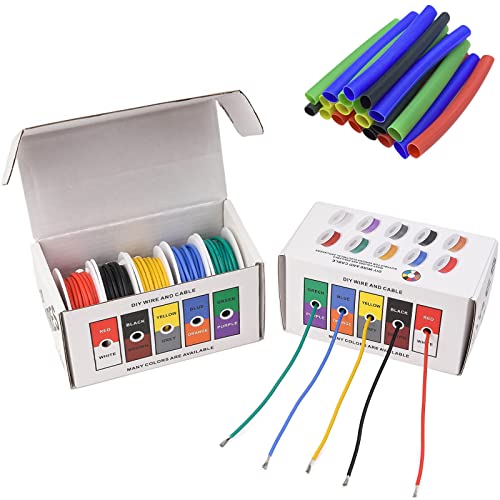 18 Gauge Stranded Electrical Wire 18 AWG Hookup Wire Kit Flexible Silicone Tinned Copper Wires, OD:2.3mm, 5 Colors 16.4ft Each, with Free 20pcs φ3mm Heat Shrink Tubing