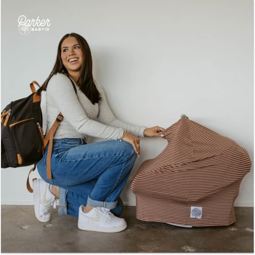 Image of Parker Baby 4 in 1 Car Seat Cover for Girls and Boys - Stretchy Carseat Canopy, Nursing Cover, Grocery Cart Cover, High Chair Cover - inchClay /Alpaca Stripes inch