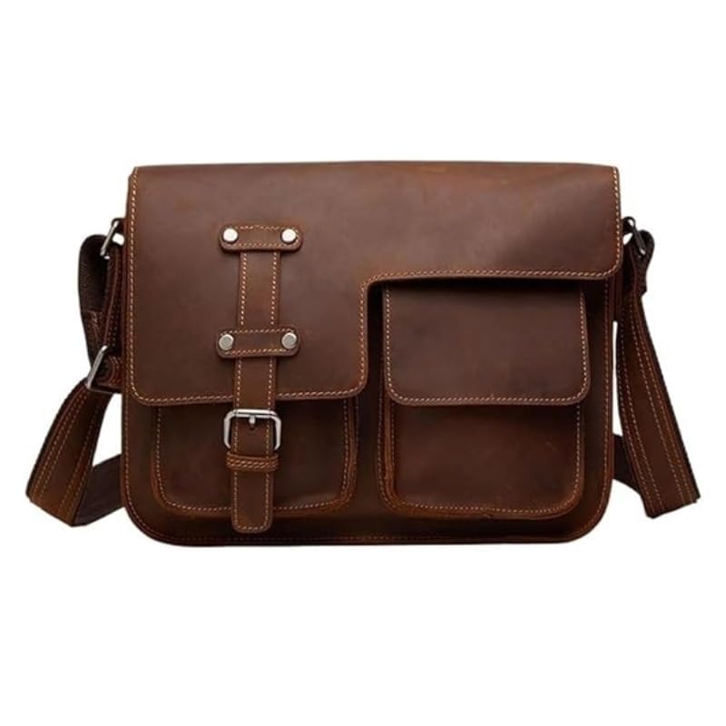 Nordic Men's Genuine Leather Messenger Bag Cowhide Messenger Bag Men's Single Shoulder Multifunctional Briefcase for Office Commute(white-Patch five-pointed star4)