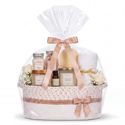 Image of Colingmill 1 Set Woven Basket for Gift Empty with Cellophane Wrap Set 14 x 10 x 5.5 Inch, Medium Decorative Gift Basket Empty to Fill, Cotton Rope Storage Box Decor (White Gold)