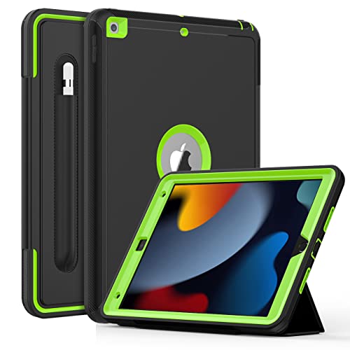 DAORANGE Cover per iPad 9a / 8a / 7a Generazione, Custodia Cover per iPad 10.2 2021/2020/2019, Robusto Pesante Antiurto Caso con portapenne, Supporto Trifold e Auto Svegliati/Sonno (Nero/Verde)