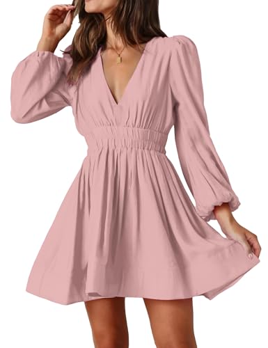 FAIABLE Mini Dress Deep V Sexy Dress Long Sleeve Dress for Women A-line High Waisted Casual Flowy Dress Pink