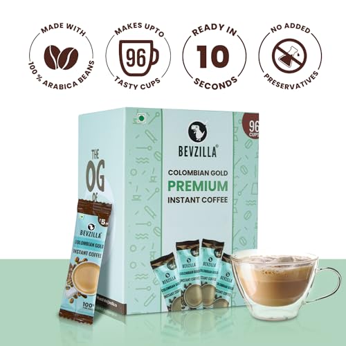 Image of Bevzilla 96 Instant Hot & Cold Coffee Powder Sachets /Pouches (Colombian Gold) - 192 Grams|Arabica Coffee | Best For Espresso, Latte, Cappuccino|Enjoy Hot & Cold (Pack of 3)