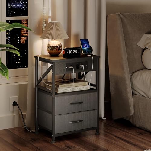 MUTUN Mesita de noche con enchufe, mesa auxiliar con cajón y función de carga, mesitas de noche con 3 puertos AC y 2 puertos USB, color gris