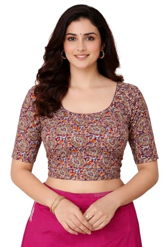 Image of Amazon Brand - Anarva Women's Kalamkari Print Cotton Stretchable Round Neck Readymade Saree Blouse
