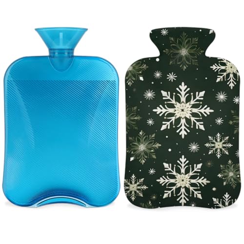 Hot Water Bottle with Soft Cover,2L Xmas Snowflakes Hot Water Bag for Hot and Cold Compress, Hand Feet Warmer, Modern Snowflakes Rubber Hot or Cold Water Bottle Halloween Christmas Decorations