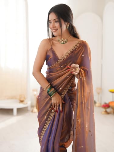 Image of AKHILAM Women's Shimmer Tissue Embroidered Saree With Unstitched Blouse Piece