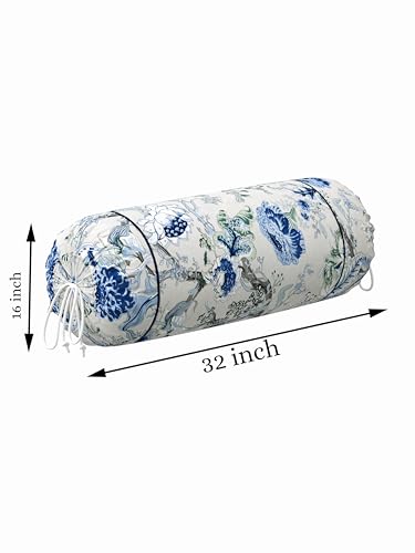 Image of Clasiko Cotton Bolster Covers; Set of 2; 220 TC; Grey Blue Flowers; 30x15 Inches; 42158