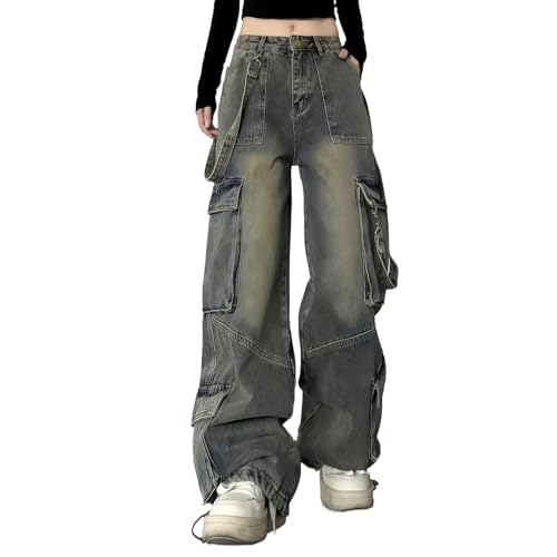 Baggy Cargo Jeans for Women Y2K High Rise Multi Pockets Wide Leg Jeans Trousers Street Grunge Denim Cargo Pants