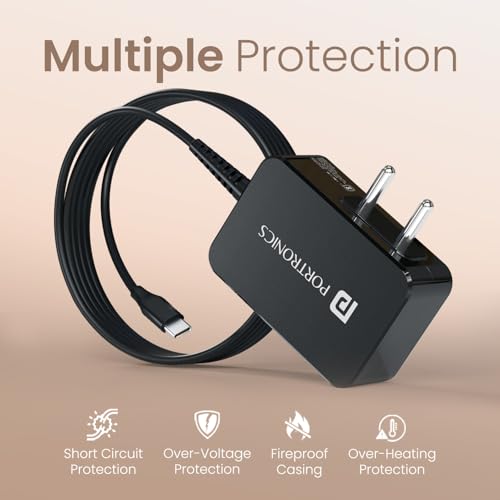 Image of Portronics 65W Zion 65 PD Fast Charging Laptop Adaptor with in Built Type C Cable, PPS Technology, 1.5m Cable Length, Compatible with Laptops, Smartphones, Tablets, MacBooks, iPads (Black)