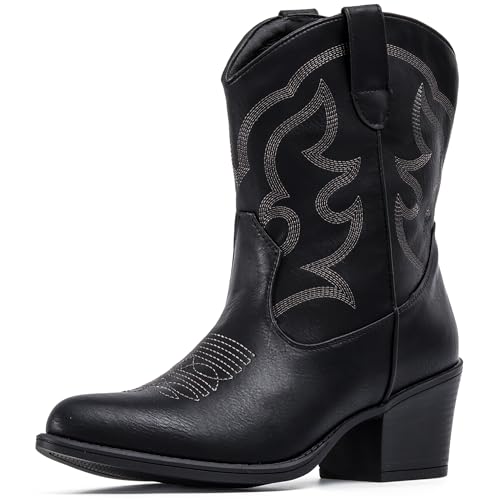 Image of IXU Cowboy Boots for Women Wide Suede Ankle Western Cowgirl Boots Mid Calf Pointed Toe Short Chunky Classic Booties