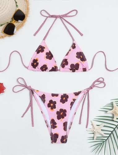 Image of ZAFUL Womens Printed Triangle Bikinis 2 Piece Halter Bikini Sets High Cut Bathing Suit Side Tie Swimsuits