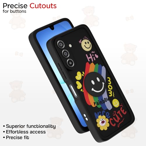 Image of Pikkme Back Cover for Samsung Galaxy M17 5G / A17 5G / F17 5G | Soft Silicone| Cute Rainbow Smile & 3D Cartoon Flower Design | Shockproof Raised Camera Protection Bumper Case (Black)